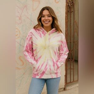 Daydreamer LA Oversized Pink Yellow Tie Die Long Sleeve Hoodie - Medium